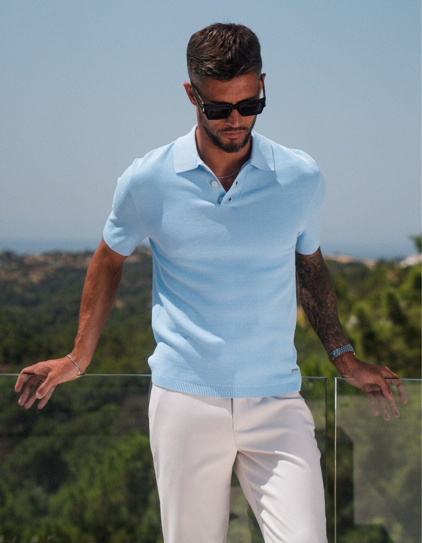 Soft Blue Textured Knit Polo