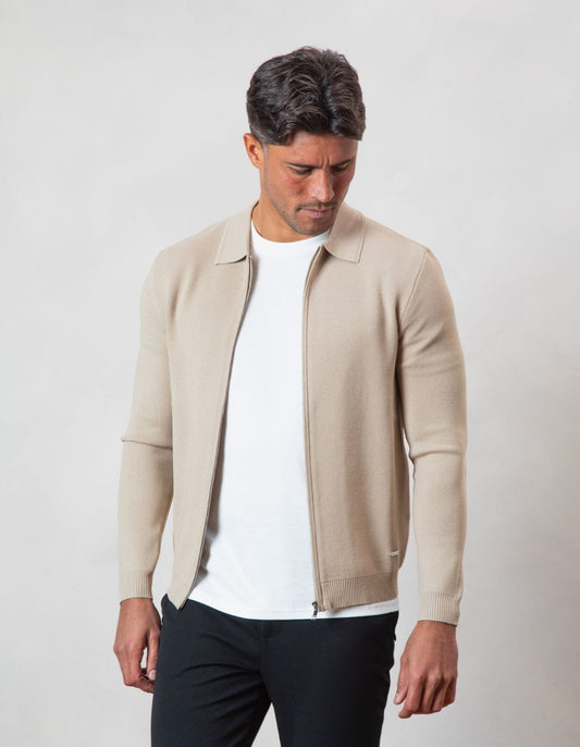 Beige Zip Knit Cardigan