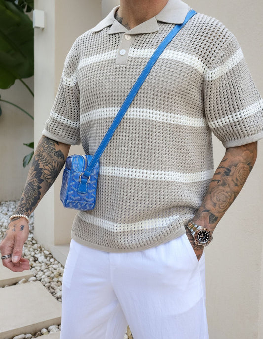 Hazel/Beige Striped Crochet Polo