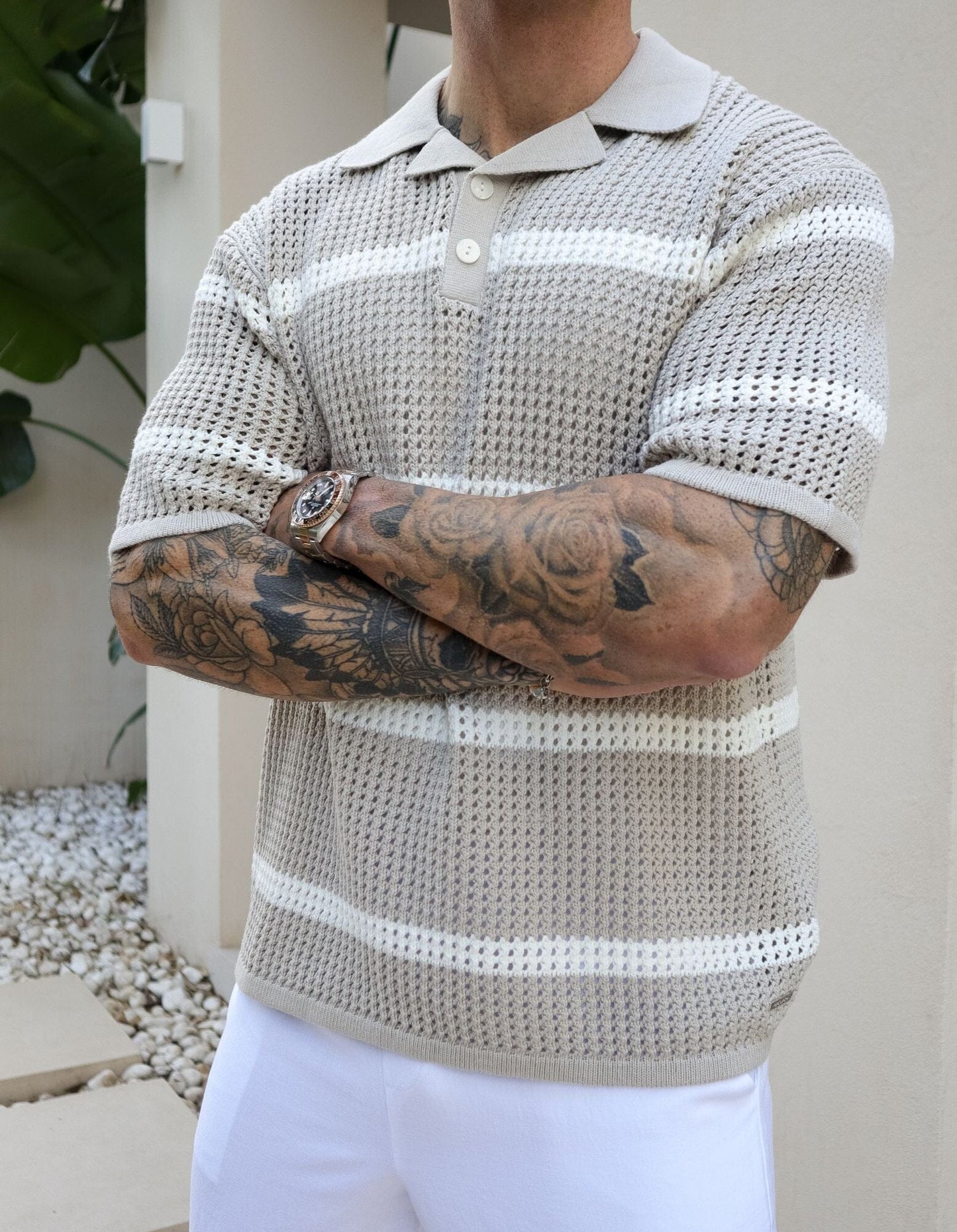 Hazel/Beige Striped Crochet Polo