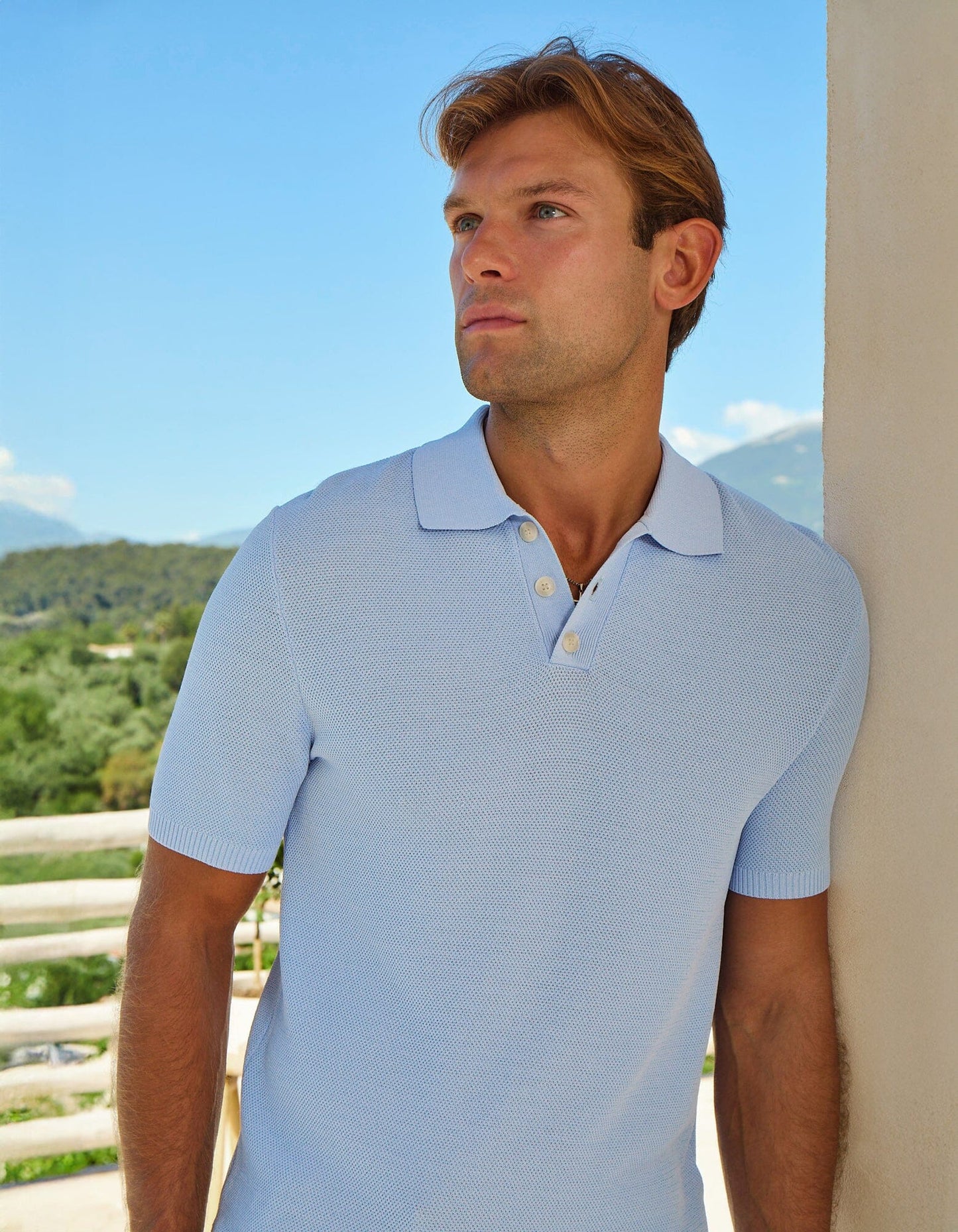 Soft Blue Textured Knit Polo