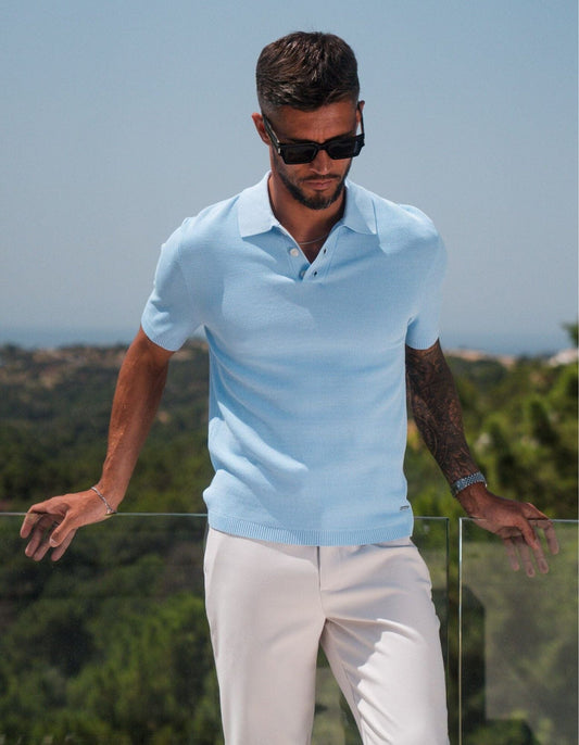 Soft Blue Textured Knit Polo