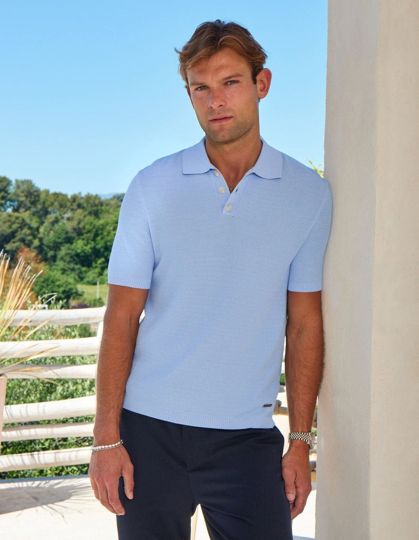 Soft Blue Textured Knit Polo