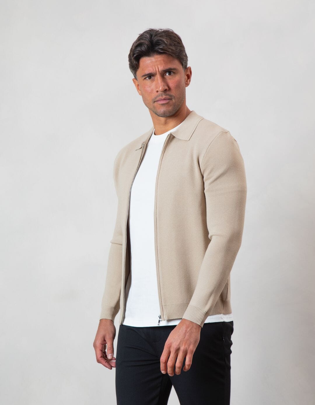 Beige Zip Knit Cardigan