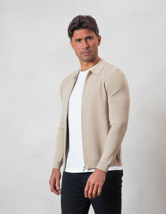 Beige Zip Knit Cardigan