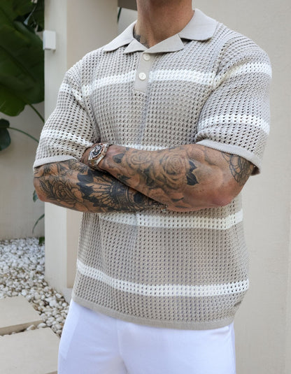 Hazel/Beige Striped Crochet Polo